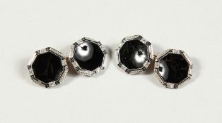A GOOD PAIR OF GOLD AND BLACK ENAMEL DIAMOND GILT CUFF LINKS