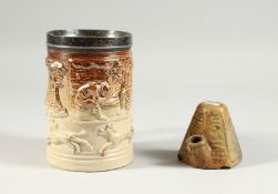 A SALTGLAZE TANKARD with hunting scenes with silver band, 5ins and a JOHNSON'S JAPON WRITING FLUID