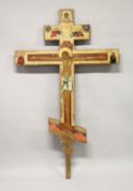 A LARGE 18th / 19th CENTURY RUSSIAN ORTHODOX PAINTED WOODEN DOUBLE SIDED THREE BAR CROSS. 5ft 5ins