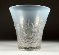 A BAROLAC DECO OPALESCENT RELIEF MOULDED GLASS ARMDON VASE signature in relief 8ins high.
