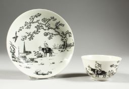 A WORCESTER TEABOWL AND SAUCER pencilled with the Boy on a Buffalo.