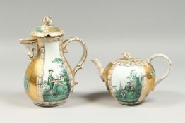 A GOOD 19TH CENTURY MEISSEN PORCELAIN BULLET SHAPED TEA POT AND COFFEE POT, both with lids, gilt