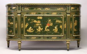 A GOOD CHINOISERIE INLAID CABINET with bowed ends, panel doors with long drawer to the front over