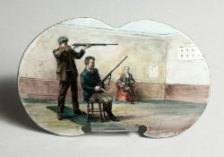 A RARE SHAPED ENAMEL SHOOTING TARGET PRACTICE PLAQUE Two men with gums and targets 6.5 x 3ins