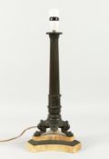 A SUPERB EMPIRE BRONZE AND MARBLE CANDLESTICK with fluted column claw feet and a triangular marble