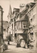 J. Beattie Scott (c. 1865-1937) children outside a shop with two other architectural etchings by
