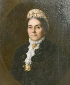 Hill (19th Century) British, A portrait of a Lady with a gold brooch and a pink rose, oil on canvas,