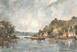20th century school, a barge on a river with castle ruins beyond, oil on board, 18