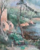 20th century, an impressionist scene with a pathway leading up to a church and a tree lined lake