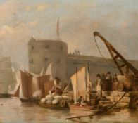 Attributed to William Anderson (1757-1837). Figures unloading a barge, canvas laid down on oak