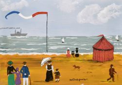 Margaret Chapman (1940-2000) British, Figures on a French beach with a paddle steam ship beyond, oil