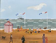 Margaret Chapman (1940-2000) British, Figures on a French beach with a paddle steam ship beyond, oil