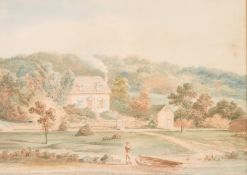 19th century English school, a figure by a rowing boat with a cottage beyond, watercolour, 7.75