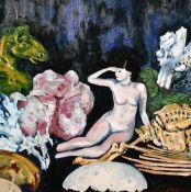 20th century school, 'china doll' a mixed composition with a female nude, acrylic on canvas,