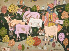 A. A. Almelkar (1920-1982) Indian, A figure driving cattle through a colourful landscape, gouache