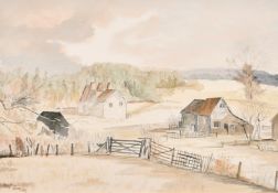 Mike Samson (20th century) A view of an Oast house across fields, watercolour, signed, 10