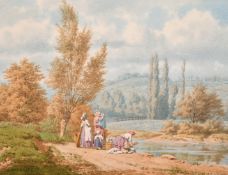 Hedwig Calmelet (19th century) continental, A pair of watercolours of washerwomen by a river,