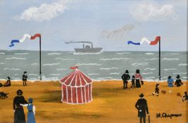 Margaret Chapman (1940-2000) British, Figures on a French beach with a paddle steam ship beyond, oil