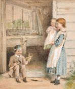 George Goodwin Kilburn (1939-1924) British, a scene of three young children outside a workshop,