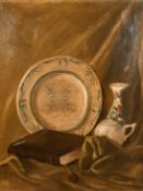 Follower of William Nicholson, a still life with china and a book, oil on canvas, 29
