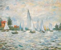 20th century, an impressionist study of sailing boats on a lake, oil on canvas, 19