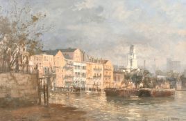 Roy Perry (1935-1993) British, A Thames View with moored barges in the foreground, oil on board,