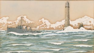 W. J. Lewis (20th Century) A scene of a battleship leaving port, watercolour, signed and dated, 8