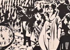 Continental school, A surreal subject with carnival figures, black + white print, signed