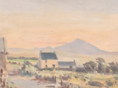 Hugh Boycott Brown (1909-1990) British, A view of a cottage at sunset with mountains beyond, oil