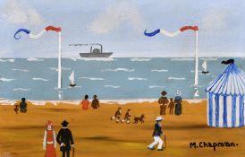 Margaret Chapman (1940-2000) British, Figures on a French beach with a paddle steam ship beyond, oil