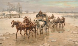 Polish school, Circa 1920, Horses and carriages leaving a snowy village at dawn, oil on canvas,