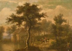 19th century school, possibly Dutch, a scene of figures on horseback by a watermill, oil on mahogany