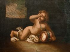 19th century school, A study of a young child and a toy drum, oil on oak panel, 9
