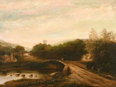 Late 19th century English school, Figures on horseback crossing a stone bridge with a village