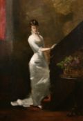 19th/20th century, An elegant lady in a white dress In a lavish interior, oil on canvas, signed with