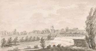 Circle of J M W Turner, A weir on the Thames, grey wash on wove paper, inscribed 'Reading Berkshire'