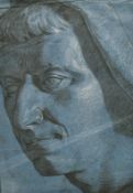 Old master drawing of a classical statue head, on blue paper with prancing unicorn watermark, 9