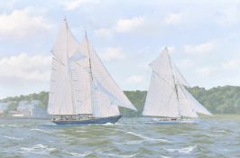 Ron Charles Mitchell (b. 1960) British, A view of vintage yachts Racing off the isle of white, oil