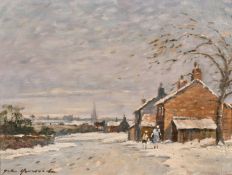 John Hammond Harwood (1904-1980), British, figures walking in the snow at dusk with a church beyond,