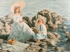 D. Adams (20th century), Female figures on a rocky cove, one with a parasol, oil on canvas,