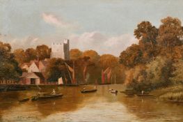 A. Chegwidden, circa 1917, Barges on a river with a castle by a quay, oil on canvas, signed and