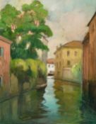 20th century continental school, A canal running through a town with a moored river boat, oil on