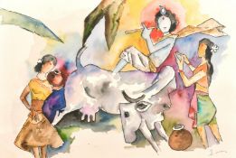 M. F. Husain (1915-2011) Indian, Figures and a cow in a landscape at dusk, 19.5