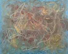 Rakesh Mohan, circa 1971, Scene of an oxen in an abstract landscape, oil on canvas, signed 24