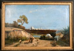 19th century continental school, figures and sheep on a pathway by a river with a town, possibl