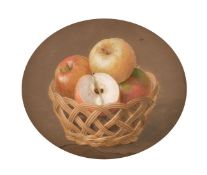 A folio of unframed drawings and prints including a 19th century watercolour of apples in a