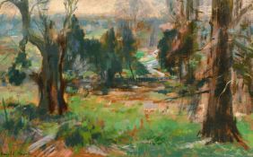 Ronald Morton, circa 1951, A view of a valley through trees, oil on board, signed and dated, 14