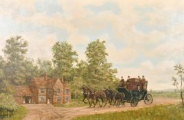 Michael Wood (20th century) A coach and horses passing by a country house, oil on canvas, signed,