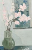 H. E. Lewis, A still life of flowers in a vase by a window, oil on panel, signed with initials,