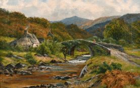 19th century British school, An angler at a mountain stream with a figure on a bridge, oil on